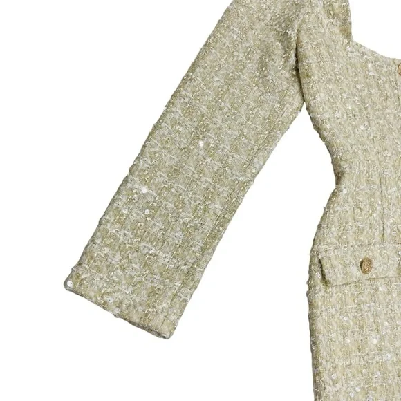 Gianni Bini Lissy Sequin Tweed Long Sleeve Button Front Mini Dress Champagne NEW - Picture 5 of 12